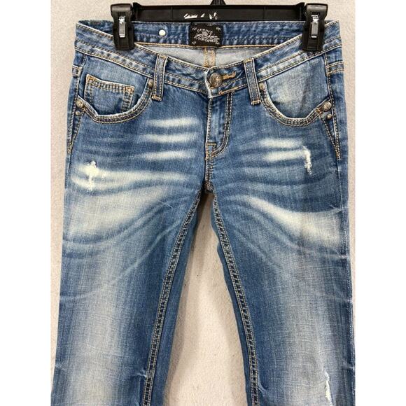 Bebock for Express Jeans Womens Sz 2 Boot Cut Denim Distressed Whiskers - Picture 2 of 13